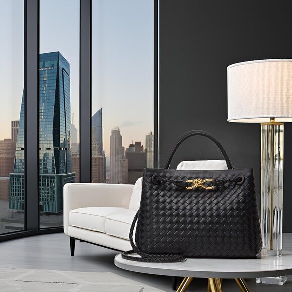 Versatile Woven Vegan Leather Handbag - Adjustable Strap, Magnetic Closure - Picture 8 of 9